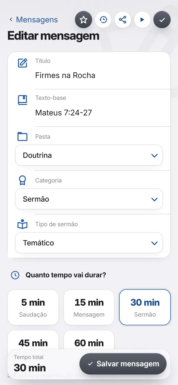 Editor do esboço com título, texto-base, pasta e tempo