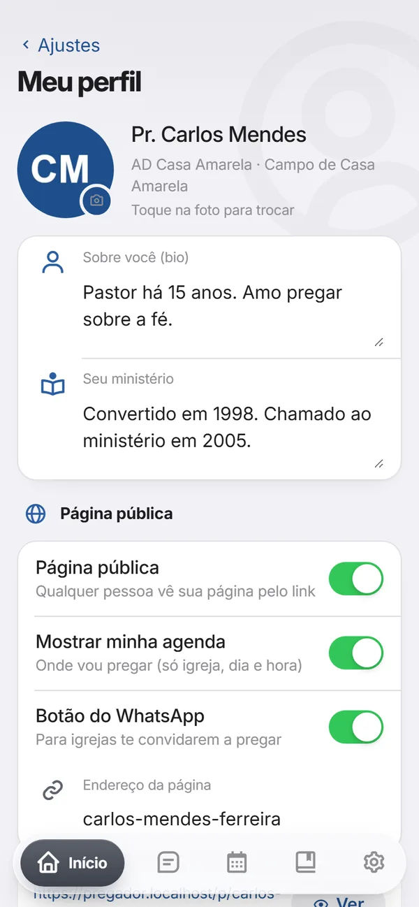 Meu perfil com página pública do pregador